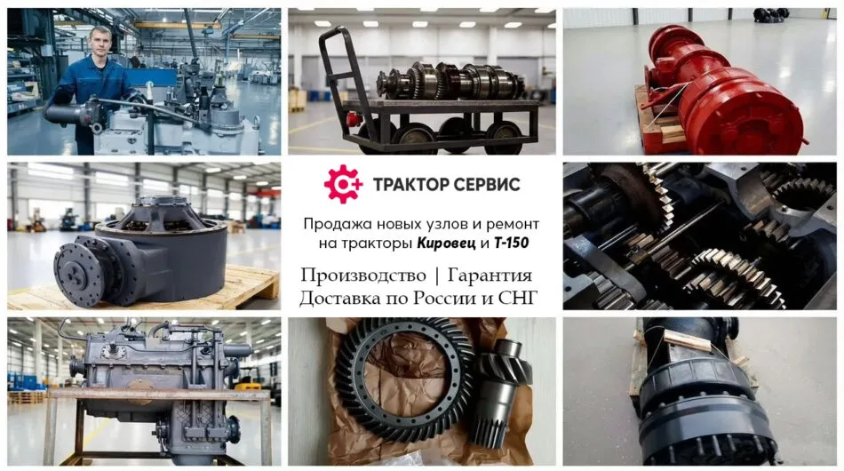 Коллаж: производство и сборка узлов «Трактор Сервис+» — цех, детали, готовые КПП